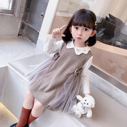 妍小希0-1-2-3-4-5-6歲女童春裝連衣裙套裝2025新款韓版兒童女寶公主裙 咖啡色 90碼(1-2歲75-85cm)
