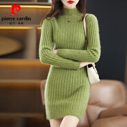 皮爾卡丹（pierre cardin）半高領(lǐng)毛衣裙女士中長(cháng)款純色緊身顯瘦長(cháng)袖包臀針織連衣裙內搭秋冬 牛油果綠 S