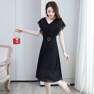 桂雪格夏季短袖連衣裙女裝2024新款韓版高腰顯瘦時(shí)尚中長(cháng)款氣質(zhì)雪紡裙子 黑色 4XL （140-150斤）
