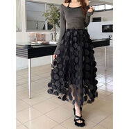 RWNNVI大碼重工復古a字裙大擺半身裙女2024秋新款百搭立體波點(diǎn)紗裙高腰 黑圓圈（高品質(zhì)） S