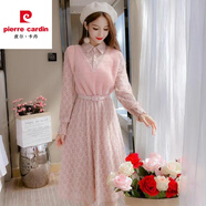 皮爾卡丹羊毛針織連衣裙女蕾絲2026年新款秋冬季配d衣的長(cháng)裙子加厚過(guò)膝內 粉色 3007A 2XL