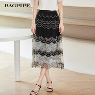 風笛（Bagpipe）2024年夏季女裙新款紗裙網(wǎng)紗波點顯瘦a字半身裙女蕾絲拼接中長裙 米黑色 M