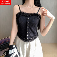 TJVF蕾絲花紋小吊帶背心帶胸墊美背內搭褶皺珍珠性感外穿打底裹胸上衣 黑色 均碼