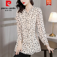 皮爾卡丹（pierre cardin）中長款收腰長袖雪紡襯衫女春秋裝2025新款遮肚子藏肉顯瘦裙擺上衣 杏色花 3XL 推薦145-155斤