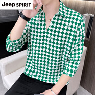 JEEP SPIRIT七分袖冰絲短袖男夏季潮流薄款寬松V領T恤痞帥翻領涼感中袖體恤衫 871綠色小方塊 4XL (約170~185斤可穿)