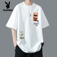 花花公子（PLAYBOY）純棉短袖t恤男青少年夏季套裝男生字母短袖T恤衫半袖新款高中學(xué)生 T219白色【單件】 5XL適合210-230斤