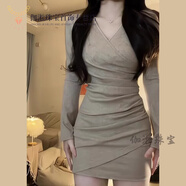 京噶v領(lǐng)針織性感包臀短裙辣妹性感包臀短裙子法式氣質(zhì)V領(lǐng)內(nèi)搭打底連衣 【燕麥色】【連身裙/氣質(zhì)/長袖/ 40/45kg/S