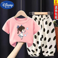 迪士尼（DISNEY）2023新款女童夏季套裝潮衣純棉短袖T恤波點褲兩件套運動衣服 (夏季套裝)粉色泡泡女孩+波點褲 100 建議身高90-100CM