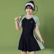 柯帛大碼泳衣女200斤連體裙式保守ins風(fēng)學(xué)生胖mm遮肚顯瘦短袖沙灘 綠色 5XL