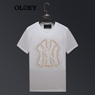 OLOEY 樂(lè)樂(lè)兔香港潮牌絲光棉燙鉆t恤男潮流時(shí)尚男裝衣服男短袖大碼體恤精神小伙打底衫 166白色 S