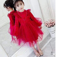 糊圖狗（HUTUGOU） 女童秋裝連衣裙兒童春秋洋氣童裝秋款大童小女孩秋季公主裙裙子 蕾絲春秋款紅色 110 碼（建議身高1米）