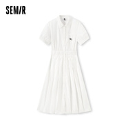 森馬（Semir）連衣裙女翻領(lǐng)百褶短裙小個子通勤2024年夏新款白色收腰顯瘦襯衫裙 本白10102-長款 M