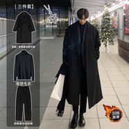 唐號（tanghao）冬季新款痞帥毛呢大衣男韓版寬松中長(cháng)款雙排扣呢子外套風(fēng)衣男大碼 黑外套+黑毛衣+西褲【夾棉】 3XL