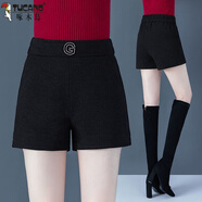 啄木鳥(niǎo)（TUCANO）毛呢短褲女春秋2025新款大尺碼松緊腰黑色褲子外穿秋冬高腰打底靴 黑色 M 90-100斤
