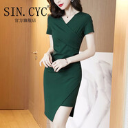 SIN.CYC女裝不規(guī)則包臀連衣裙女夏季黑色V領(lǐng)中長款裙子修身顯瘦禮服 墨綠色（短/袖） L