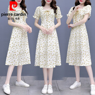 皮爾卡丹（pierre cardin）碎花連衣裙女夏季2024新款小個子法式泡泡袖初戀仙女裙子超仙森系 黃色 L