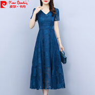 皮爾卡丹（pierre cardin）純色雪紡提花連衣裙女2025年夏季新款MM氣質(zhì)優(yōu)雅收腰顯瘦長裙子針 藍(lán)色 3XL