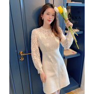 SXA香港潮牌長(cháng)袖蕾絲連衣裙女新款小個(gè)子打底裙氣質(zhì)收腰修身A字裙子 圖色 M