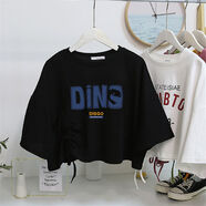 AHKA寬松日系上衣黑色短款抽繩綁帶高腰露臍白色短袖T恤女裝小眾設計 1162黑色 S 建議60-80今年