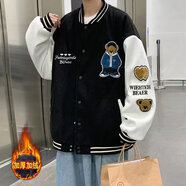 軒萊雅美式潮牌棒球服男春秋季情侶bf刺繡夾克男復(fù)古寬松機(jī)車休閑外套男 藍(lán)-V176不倒絨【黑色】 XL