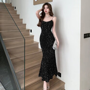 尚簡(jiǎn)紛黑色亮片吊帶連衣裙女春秋法式絕美絲絨魚(yú)尾長(cháng)裙名媛晚禮服裙女裝 黑色 3XL