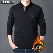 JEEP SPIRIT吉普休閑加絨翻領(lǐng)長(cháng)袖t恤寬松秋冬厚款棉質(zhì)混紡商務(wù)男士體恤衫 拼色領(lǐng)黑色 加絨 M 170 建議120-130斤