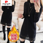 皮爾卡丹（pierre cardin）大碼高領(lǐng)長袖蕾絲衫加絨加厚上衣中長款打底衫女連衣裙t恤裙 012黑色版 加絨 3XL 130-140斤