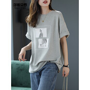 小紅書(shū)爆款圓領(lǐng)印花短袖T恤女寬松遮肚子休閑打底衫夏季新款韓版 灰色-預售7天發(fā)貨 2XL