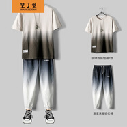 【上衣+褲子】短袖套裝男夏季新款七分袖t恤男生九分褲套裝男韓版潮流學(xué)生寬松嘻哈帥氣青少年一套衣服 卡其短袖+灰色褲子 XL