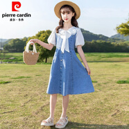 皮爾卡丹（pierre cardin）女童牛仔洋裝夏裝2025新款洋派夏季兒童公主裙大童夏款女孩裙子 【娃娃領(lǐng)】拼接牛仔連衣裙 120碼建議身高110cm