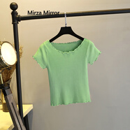 Mirza Mirror冰絲短款短袖T恤女打底衫夏季新款百搭套頭漏肚臍花邊針織T恤上衣 果綠色 均碼