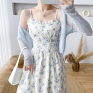 妃莉杋（FeiLiFan）夏季吊帶連衣裙女裝2025新款氣質(zhì)收腰顯瘦甜美開衫碎花裙子女套裝 藍(lán)色開衫+藍(lán)色吊帶裙 S 【建議80-98斤】