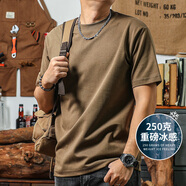 季言夏季250g厚實(shí)重磅冰感純棉短袖t恤男夏美式汗衫男卡其色純色半袖 卡其色（全新250G冰感棉面料） 2XL