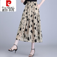 皮爾卡丹（pierre cardin）垂感紗裙女半身裙子2025夏季新款中長(zhǎng)高腰口袋顯瘦植絨網(wǎng)紗a字裙 卡其色 3XL 2尺4