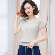 歌米拉 冰絲短袖T恤女裝夏裝新款夏季v領(lǐng)上衣亮絲針織衫寬松 杏色 XXXL