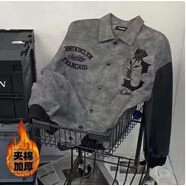 駱森馳（LUOSENCHI）歐美潮牌vintage扎染翻領(lǐng)棒球服男女春秋冬皮拼接情侶夾克外套 黑灰色   加棉加厚冬裝 2XL