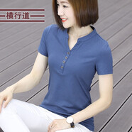 橫行道V領(lǐng)t恤女士短袖v領(lǐng)夏季新款純色打底簡約女裝上衣服體恤衫修身 藍(lán)色 XL