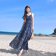 西子美麗心情碎花吊帶連衣裙女夏新款雪紡大擺長裙無袖修身顯瘦海邊度假沙灘裙 圖片色 S