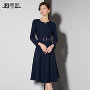海青藍(lán)（CYANINE SEA）優(yōu)雅簡(jiǎn)約通勤連衣裙女2024秋裝新款圓領(lǐng)收腰顯瘦九分袖A字裙 深藍(lán)色 2XL