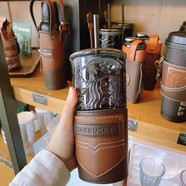 星巴克（Starbucks）風(fēng)杯子山茶花玻璃杯炫彩立體浮雕耐高溫大容量流沙 父親節(jié)皮套吸管杯 550ml