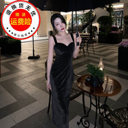 星際狼赫本風(fēng)復古絲絨吊帶連衣裙女聚會(huì )生日秋冬季性感帶胸墊修身顯瘦包 黑色（均碼）