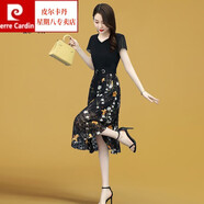 皮爾卡丹官方高檔女裝溫柔風(fēng)連衣裙2022年新款夏季女裝中長(zhǎng)款氣質(zhì)夏裝藍(lán)色印花雪紡裙子高檔高端大氣針織 黑色 160/M