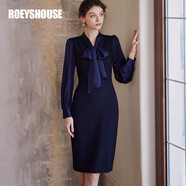 ROEYSHOUSE羅衣職業(yè)深藍色連衣裙女春裝新款圍巾領拼接緞面中長裙08154 深藍色 S