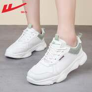 回力（Warrior）官方運動(dòng)鞋女鞋秋冬皮面跑步鞋老爹鞋輕便小白鞋子女白綠皮面37