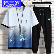 韓三歲青少年夏季漸變短袖t恤男孩12-17歲初中學(xué)生13大童體恤運動(dòng)套裝16 白色漸變（上衣+九分褲） M (身高1.50-1.60)米/80-100斤