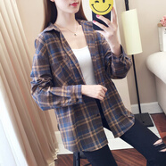 格子衣服女裝格子棉麻夏季女裝上衣春秋季新款polo衫女士韓版長(zhǎng)袖寬松復(fù)古格子襯衫學(xué)生外套 深棕色-格子襯衫女  S-格子襯衫女