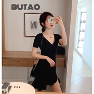 BUTAO時(shí)尚連衣裙氣質(zhì)修身收腰顯瘦魚尾小黑裙V領(lǐng)包臀短袖短裙 黑色 S 建議【80-94斤】
