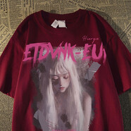 7家優(yōu)品純棉人物印花短袖t恤男女款夏季歐美潮流高街ins寬松休閑T恤上衣 JXFS-A1022酒紅 2XL