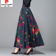 皮爾卡丹2025春秋新款棉麻半身長(zhǎng)裙復(fù)古民族風(fēng)女高腰中長(zhǎng)款亞麻大擺舞裙子 藍(lán)底百合花 棉麻長(zhǎng)裙 L