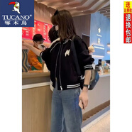 啄木鳥短款外套女字母棒球服外套女短款23年春秋新款小個子百搭休閑洋氣 黑色 M 【建議110-120斤】
